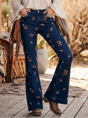 DRIFTWOOD Navy Denim Floral Embroidered Jeans
